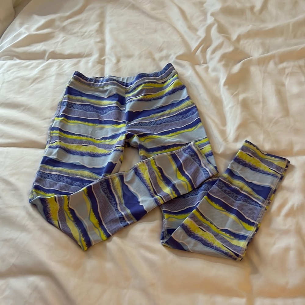Green, purple, and blue patterned leggings, Child size 10